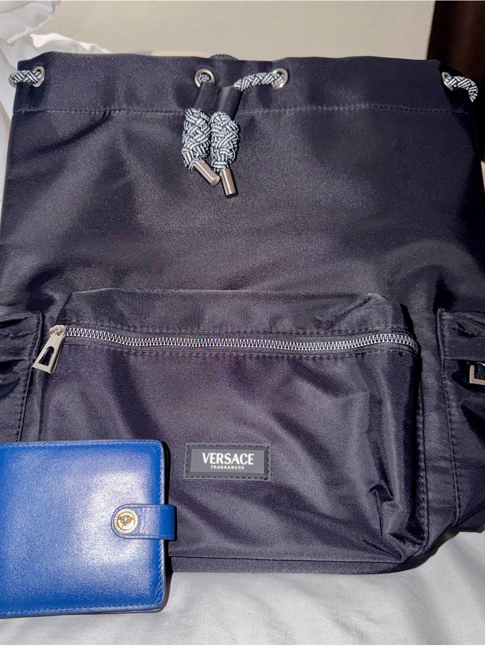 Pre-Loved VERSACE Men’s Blue Wallet + Black Nylon Drawstring Backpack (Unused!)